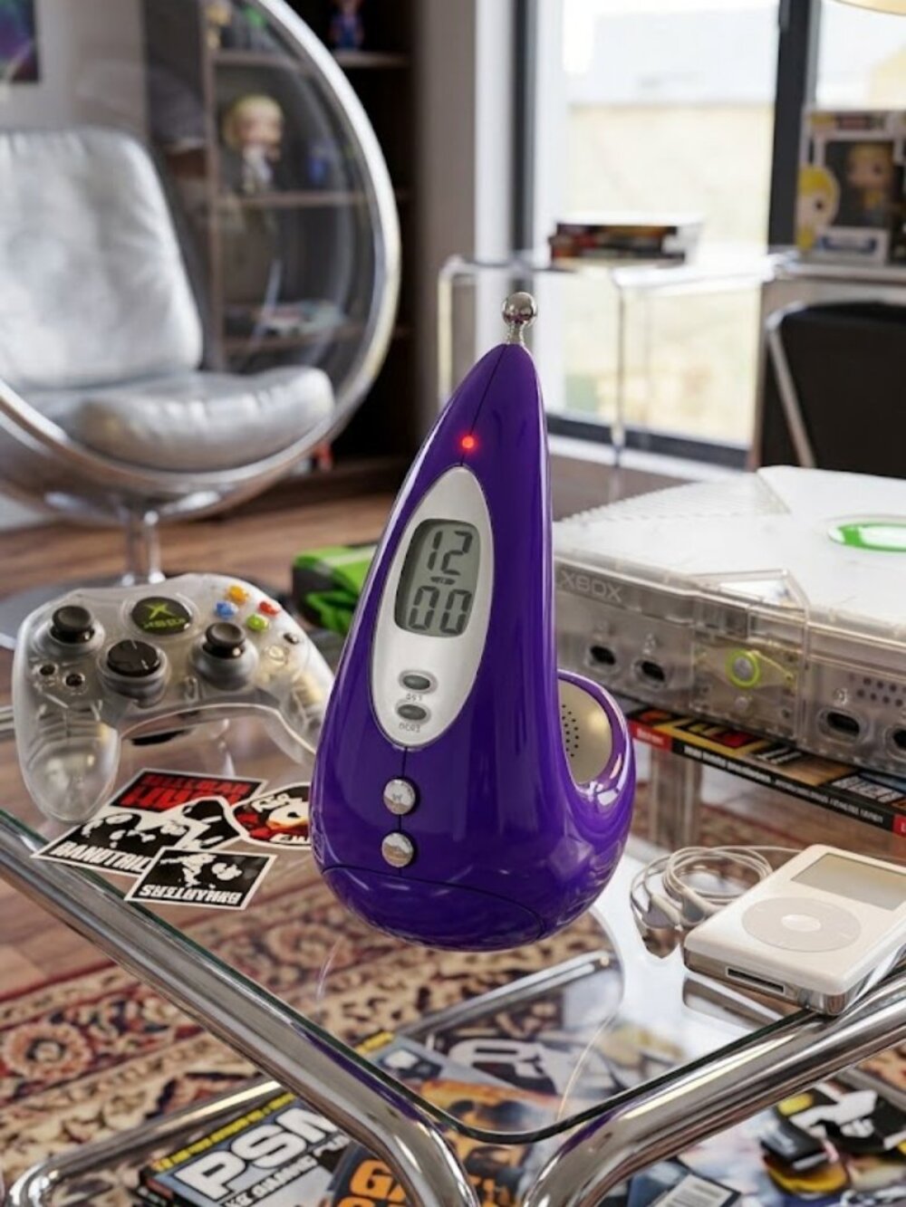 Vintage Tom Tec Purple Space Age Teardrop FM Radio Digital LCD Clock NIB